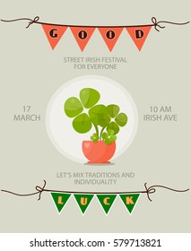Invintation, card for celebration St. Patrick's day. Street festival. Vector illustration. Art of holidays.
