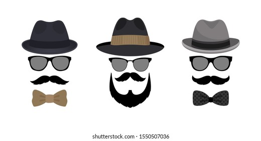 Invisable man hat mustache and glasses. Cartoon vintage abstract male face, bearded gentleman with bowler and bow tie, hipster nerd retro fashion portrait on white