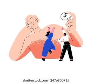 Controles de autoridad invisibles, influencias en la gente que busca dinero. Manipulación financiera de marionetas, marionetas. Financia la dependencia. Ilustración vectorial aislada plana sobre fondo blanco