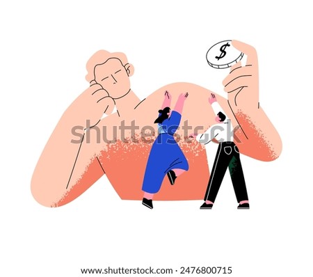 Invisible authority controls, influences on people with reaching for money. Financial manipulation of marionettes, puppets. Finances dependence. Flat isolated vector illustration on white background