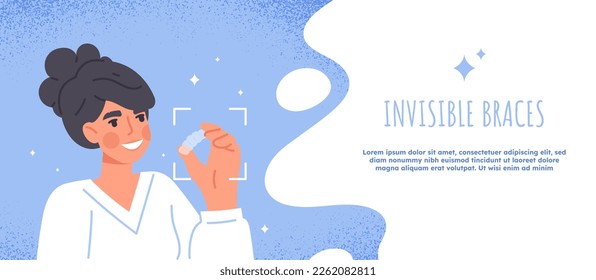 Banner de llaves invisibles. Afiche médico para el sitio web, diseño de la página de inicio. Equipo especial para corrección de mordeduras, atención de salud oral. Concepto de dentadura ortodoncia. Dibujo vectorial plano de dibujos animados