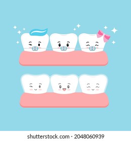 Invisible Braces And Brackets On Tooth Set. Dental Invisalign Braces Vs Metal White Tooth Orthodontic Correction Treatment Concept. Vector Flat Design Kawaii Kid Tooth Dentistry Mascot Illustration.