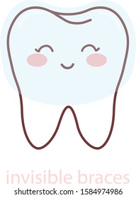 Invisible braces for teeth. Silicone trainer on cartoon teeth isolated on white background. Cute character for advertising transparent bracket in dental clinic. Vector stock illustration.