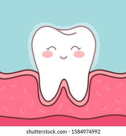Invisible braces for teeth. Silicone trainer on cartoon teeth. Gums in the mouth. Cute character for advertising transparent bracket in dental clinic. Vector stock illustration.