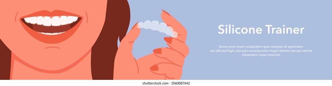 Invisible dental braces correction for tooth, dentistry health care vector illustration. Cartoon woman holding invisalign transparent braces with smile, orthodontic denture banner template background