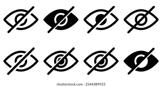 Invisible eye hide icon, incognito icon no eye view hidden icon set. Vision icon, unsee icons, eyesight symbol, sight look sign.