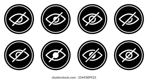 Invisible eye hide icon, incognito icon no eye view hidden icon set. Vision icon, unsee icons, eyesight symbol, sight look sign.