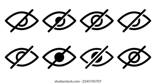 Invisible eye hide icon, incognito icon no eye view hidden icon set. vision icon, unsee icons - eyesight symbol - sight look sign. Vector illustration.