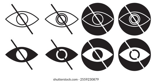 invisible eye hide icon, incognito icon no eye view hidden icon set. vision icon, unsee icons - eyesight symbol - sight look sign.