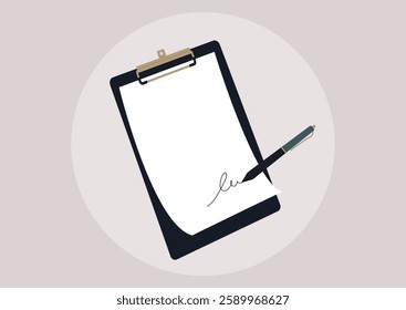 Invisible hand holds a pen poised to sign a blank document on a clipboard, symbolizing readiness to formalize agreements or complete official tasks in a clean, modern workspace