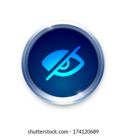 Invisible icon on round blue button. Hide icon. Vector background. 