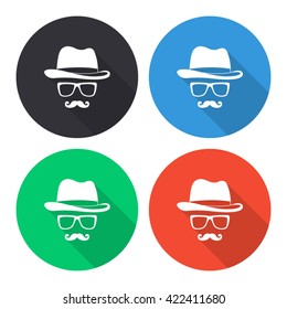 invisible man with hat glasses and mustaches vector icon - colored(gray, blue, green, red) round buttons with long shadow