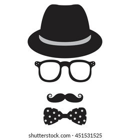 Invisible man.  Hipster style elements. Retro mustache. The bow tie. Vintage glasses.  Old hat.