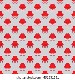 Invisible man.  Hipster style elements. Seamless pattern background.  Vintage glasses.  Old hat.