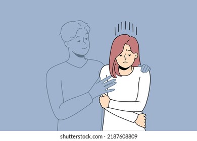 Invisible man hugging upset lonely woman missing love or relationships. Sad girl with male lover silhouette. Loneliness and breakup concept. Vector illustration. 