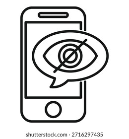 Mensaje invisible simbolizado por el ojo cruzado en la burbuja del discurso en la pantalla del teléfono inteligente, que representa la privacidad, la invisibilidad y la comunicación oculta