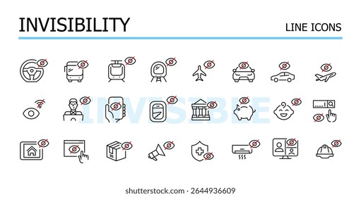 Invisible for tracking. Transportation, smart devices and online users. Editable stroke vector icons set