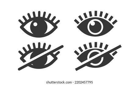 Invisible visible eye icon shape vector or open closed as show hide wink silhouette pictogram graphic clip art ui element design, unseen seen symbol, forbidden permitted access to secret data button