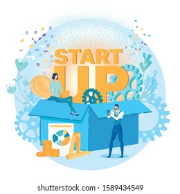 Invisible Work Creating Start up, Cartoon Banner. In Box everything you Need to Create your Own Business. There are Bright Ideas, Gears, Teamwork, Successful Investments and Realistic Planning.