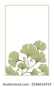 Invitaion template with ginkgo biloba leaves on white background. Line art with branches. Botanical vector illustration. 