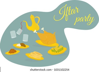 Invitataion card about food being shared in happy party Iftar.