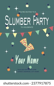 Invitatation card for slumber party, garland, colored lights and a couple of slices of pizza.