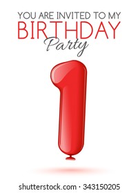 Invitation to the 1 th anniversary. Air 3D red balls from the figures. Invitation card to the party with balloons on a white background. Suitable for printing, web delivery, the jubilee. Vector 