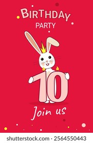 Invitation to the 10th anniversary party. Bunny holding a candle in his paws 10. 