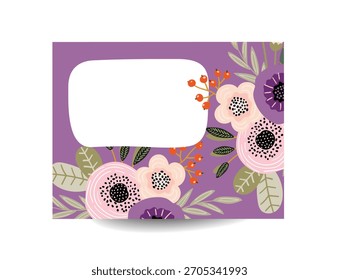 Invitation with abstract flowers and botanical elements with space for text. Suitable for invitations, cards, and letters. Vector flat style.