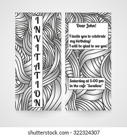 Invitation with abstract hand drawn doodle pattern. Vector illustration.