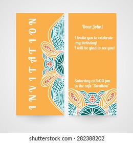 Invitation with abstract hand drawn pattern. Vector illustration.