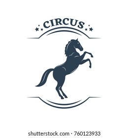Invitation to activity, presentation. Circus, show time. Invitation to performance. Circus number with animals, performance, riding on horseback. Logotype, logo pictogram Vector illustration