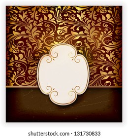 Invitación, tarjeta de aniversario con etiqueta para su texto personalizado de fondo oscuro con un delicado patrón floral sin fisuras dorado y elementos gruesos para un sentimiento envejecido. EPS10