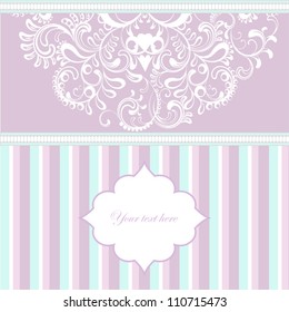 Invitation, anniversary, greeting card with a  floral pattern on background with stripes and ribbon. Vector illustration. Delicate design