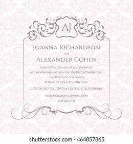 Invitation and announcement card with damask background. Monogram frame