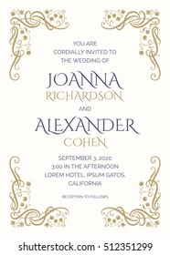  Invitation and announcement card in golden color decorated with swirl floral corners.An invite sample in a la Art Nouveau style. A simple design of background for your own event announcement 