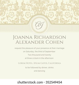 Invitation and announcement card with golden damask. Classical wedding invitation. Monogram background with rope.