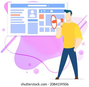 Invitación, anuncio, notificación o advertencia, publicidad, concepto de marketing. Hombre parado con altavoz, sitio web de publicidad. Marketer presenta el diseño del perfil en la red social