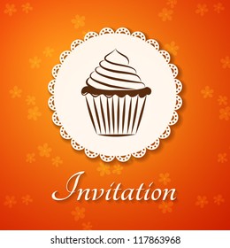 Invitation applique card / background. Label with cupcake on flower orange background.
