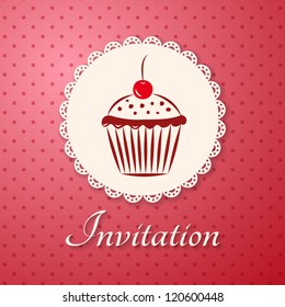 Invitation applique card / background. Label with cupcake on pink background with polka dots.