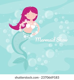 Invitation to the aquarium for a mermaid show. A cute mermaid with pink hair in an aquarium on a blue background does a trick with her hands - a heart made of bubbles. Vector illustration.