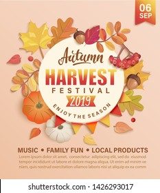 Invitation To Autumn Harvest Festival. Banner For Fall Fest 2019. Background With Circle Frame, Maple Leaves, Rowan, Pumpkins And Acorns. Template For Poster Design, Prints, Flyers.Vector Illustration