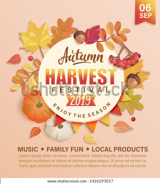 Invitation to autumn Harvest Festival.\
Banner for fall fest 2019. Background with circle frame, maple\
leaves, rowan, pumpkins and acorns. Template for poster design,\
prints, flyers.Vector\
illustration
