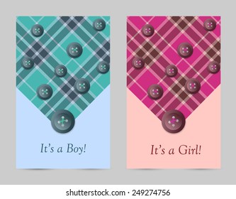 Invitation baby pink and blue cards with bow, tartan, button. Greeting cards with the birth of a baby boy and a baby girl
