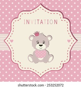 Invitation for a baby shower, party, birthday party etc. Pink and cream colors. Vintage frame with illustration of a sweet bears princess on a polka dot background.