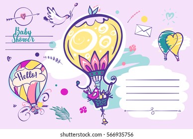 Invitation to baby shower. Text hello on balloon.