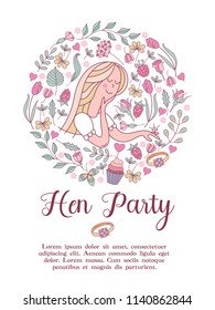 Invitation to the bachelorette party before the wedding. Charming vector illustration. Beautiful girl with a ring on her finger. Beautiful flower wreath of roses. Romantic card.
