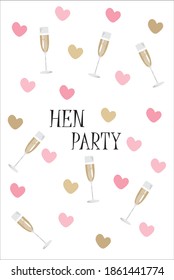 invitation to a bachelorette party, on a white background hearts and glasses of champagne