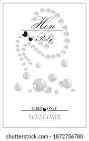 invitation to a bachelorette party, on a white background text, pearl necklace and a scattering of pearls.