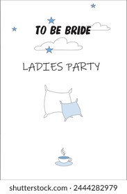 Invitation to a bachelorette party, stars in the clouds, pillows and a cup of tea.